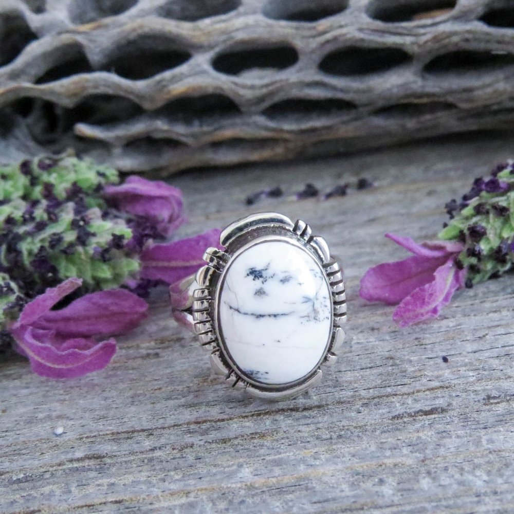 Black White Ring, White Buffalo Stone Silver Ring Size 5 3/4, Pinkie Ring